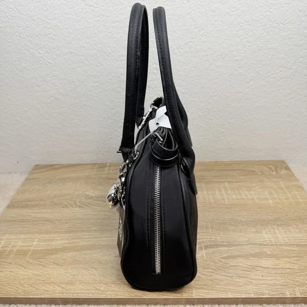 Madden NYC East West Bowler Bag Black Nylon Crossbody Shoulder Bag Heart Charm